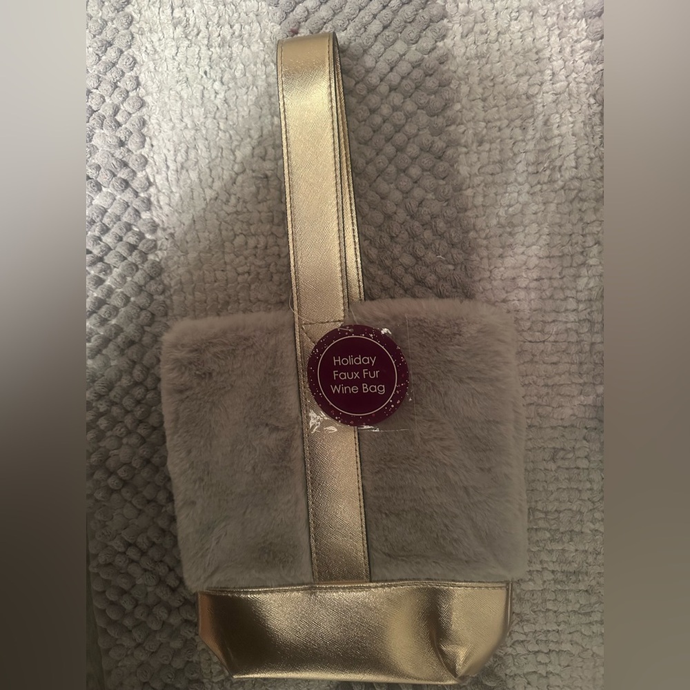 Gray Faux Fur Wine Bag with Gold Strap